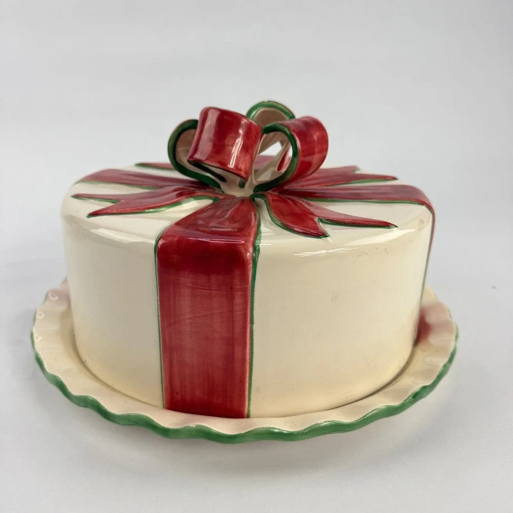 Portugal Ceramics Ribbons N‎ Bows Christmas Cake Dome Platter Vintage 1998 Gift
